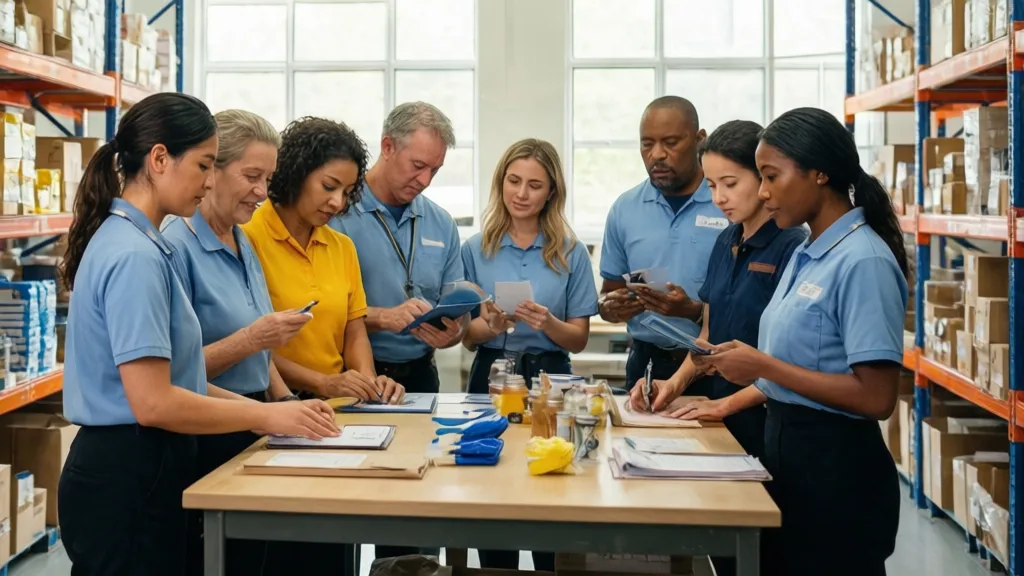 Professional shot of a diverse team of retail staff conducting an organized inventory count in a well-lit stockroom