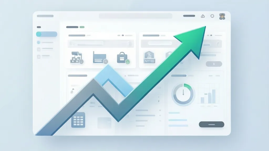 Minimalist graphic design showing a stylized upward trend arrow over a clean, modern point-of-sale interface, with subtle icons representing inventory, sales, and analytics.