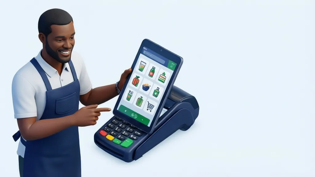 A clean 3D isometric illustration of a person interacting with a user-friendly mobile POS system