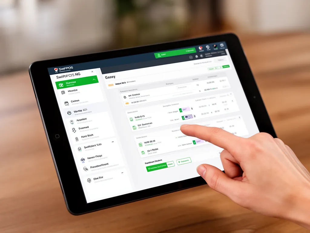 A person's hand using a tablet to manage inventory within the SwiftPOS NG interface, demonstrating ease of use and mobile accessibility.