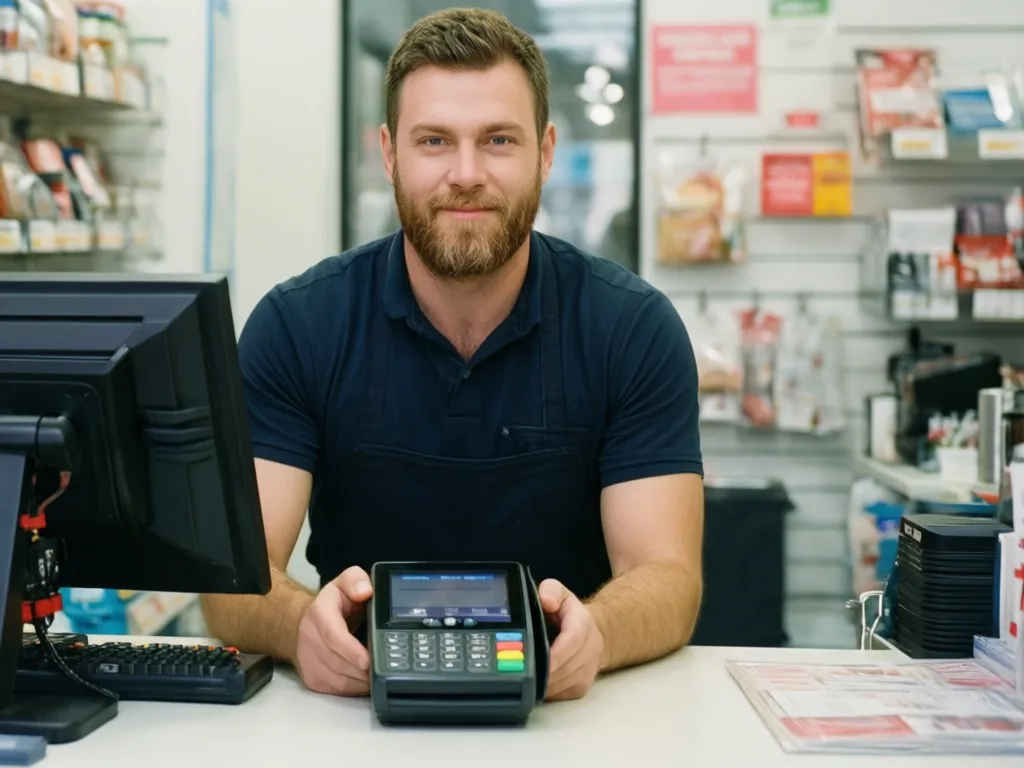 A retail store owner looking confidently at a modern POS terminal, with a clean and organized counter, indicating efficiency and control.